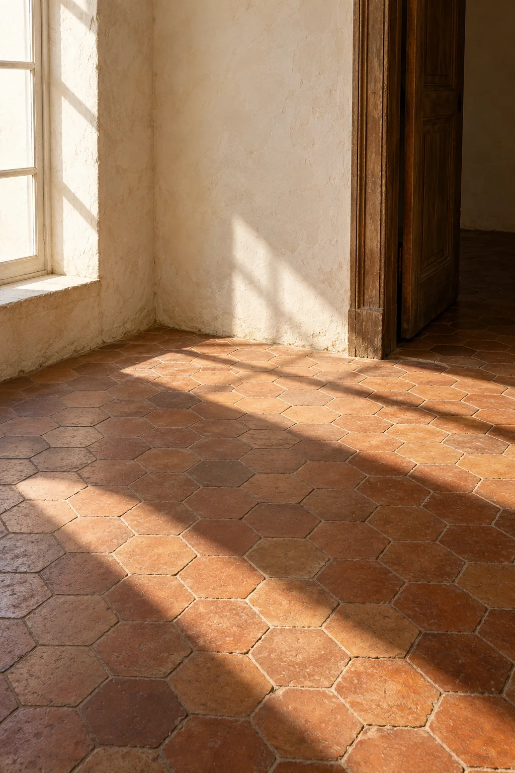 Sol de tomettes hexagonales anciennes dans une pièce aux murs chaulés, éclairé par une fenêtre, porte en bois entrouverte